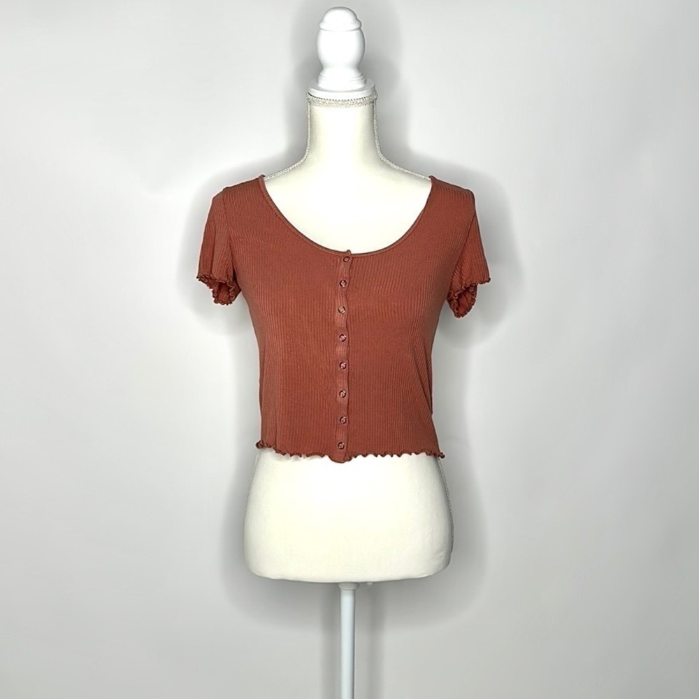 American Eagle Crop Ribbed and Stretchy T-Shirt in Burnt Orange Size Medium